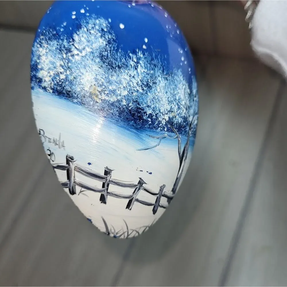 Vtg Handpainted Blue & White Decorative Metal Spoon Snow Scene Artist Sighned